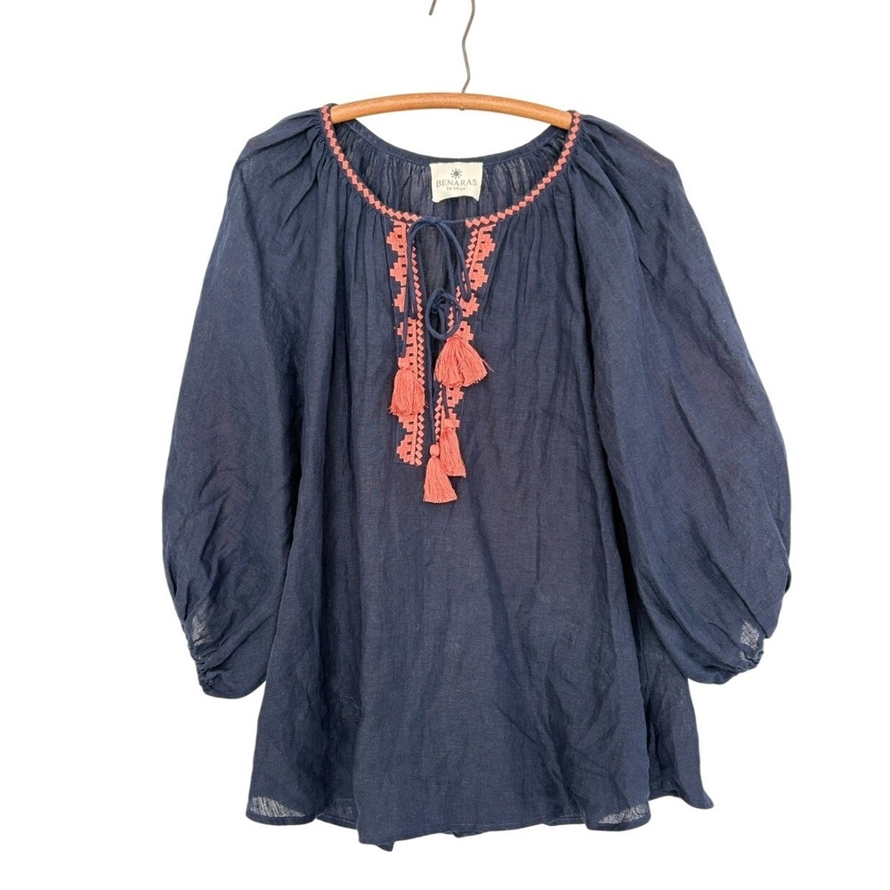 Benaras by Citrus Women Large Linen Hampton Folk Embroidered Long Sleeve‎ Top